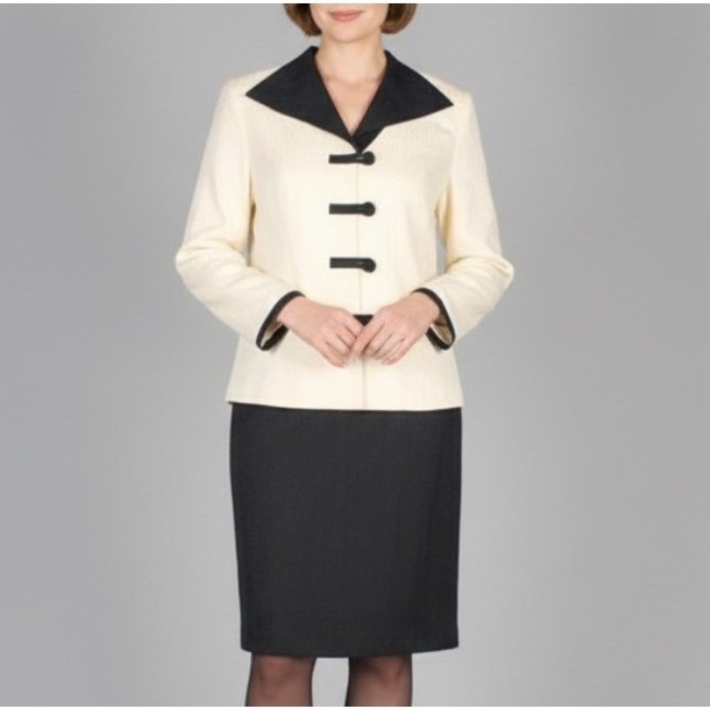 SPENSER JEREMY Ivory/Black SILK Button/Snap Suit JACKET/SKIRT Outfit Set Sz 8